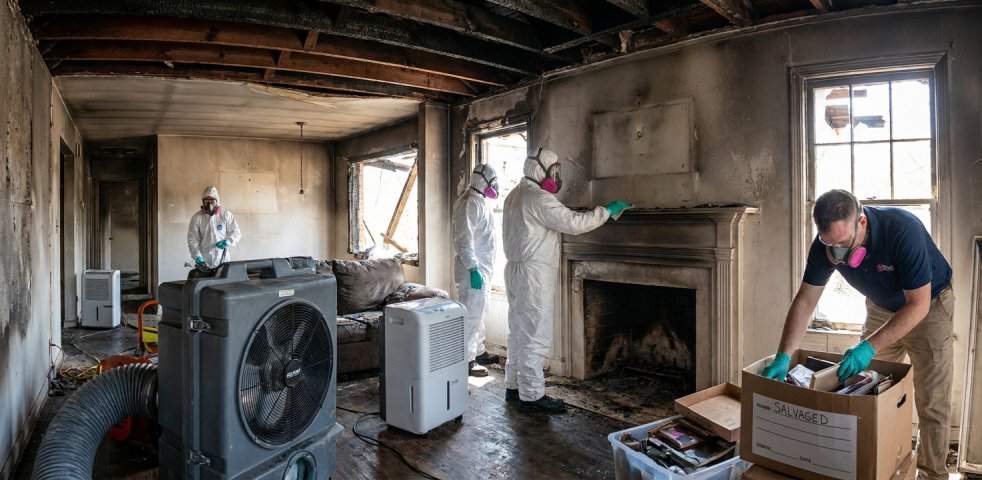 Fire damage restoration crew cleaning a smoke-damaged home with dehumidifiers and salvaged belongings