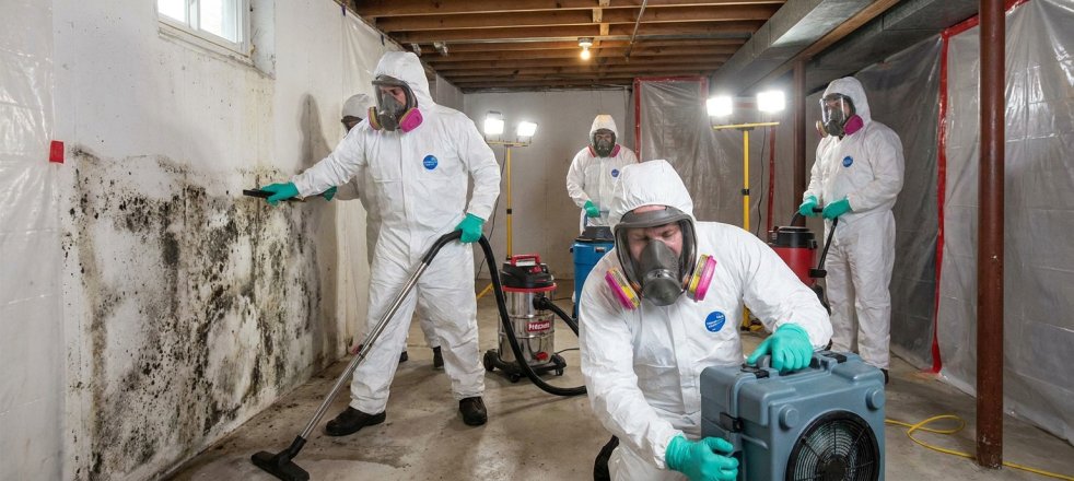 Mold remediation crew in protective suits cleaning mold from basement walls with equipment
